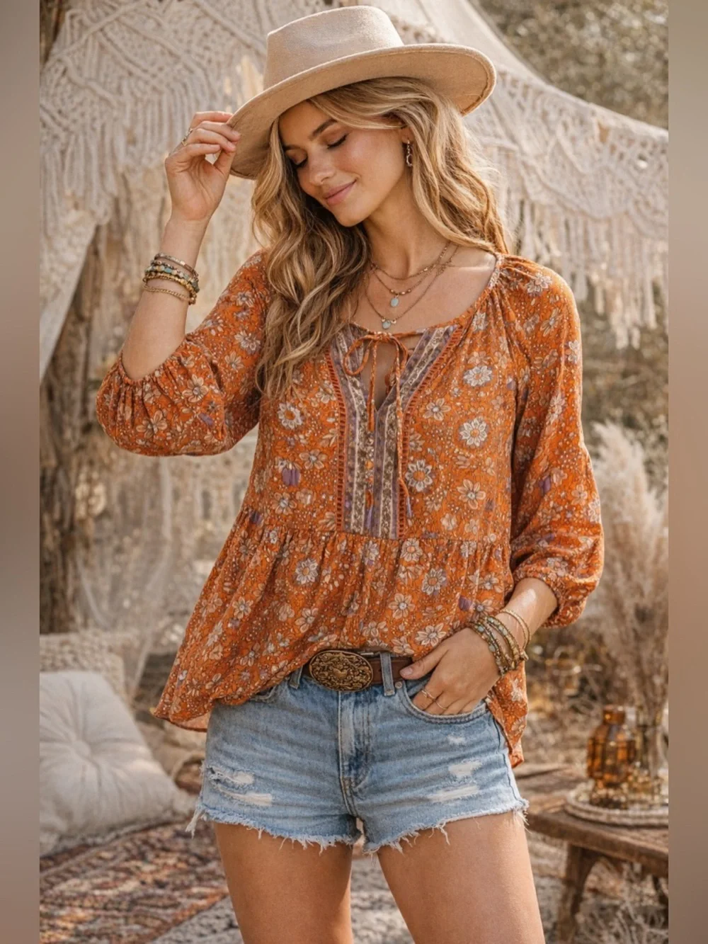 Festival Ready! DR2 boho peasant blouse floral tie front flowy rayon top M - Picture 1 of 12